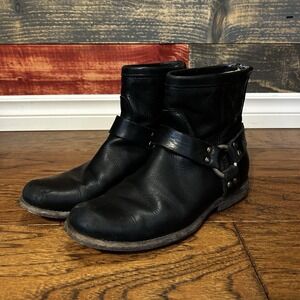 VTG Frye Phillip Harness Short Boots Women's 7 Black Leather Moto Western Ankle